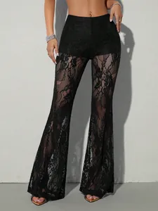Pantaloni a Campana da Donna Sexy a Vita Alta in Pizzo Trasparente Motivo Floreale Pantaloni per Club Party Streetwear