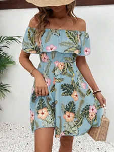 Elegant light blue floral off-shoulder summer dress with ruffle neckline and A-line fit.