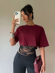 Chic burgundy women's short sleeve t-shirt featuring elegant black lace patchwork detail