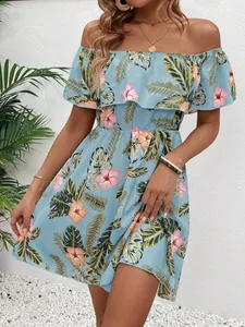 Elegant off-the-shoulder floral print dress with summer ruffles and A-line silhouette