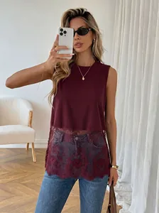 Full view of women's burgundy lace tank top shown by a model in a mirror selfie