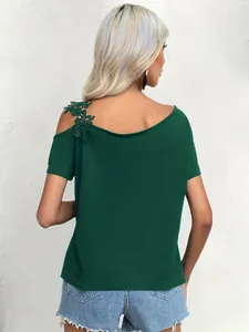 Back view of a dark green off-shoulder summer T-shirt with shoulder lace detail