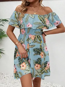 Elegant blue floral off-the-shoulder A-line dress with ruffles and tropical leaf print