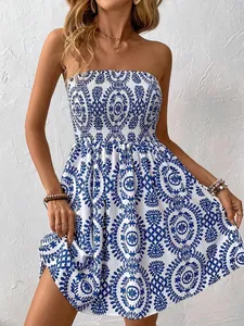 Elegant summer blue and white print strapless mini dress with smocked bodice for women