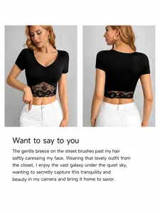 Detailed view of women's elegant V-neck lace patchwork short sleeve slim fit crop top