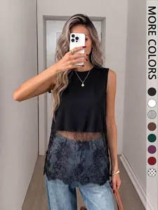 Women's Elegant Sleeveless Tank Top Polyester Spandex Lace Patchwork Round Neck Solid Color Polka Dot Casual Summer T-Shirt