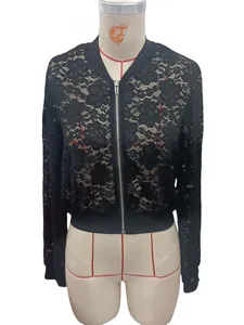 Detailed view of women's black sheer floral lace bomber jacket with silver zipper