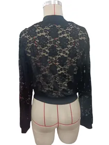 Detailed back view of women's elegant black floral lace see-through short jacket.