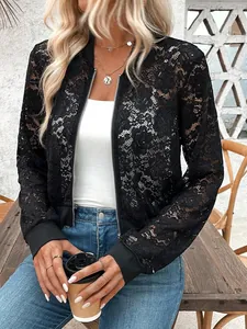 Elegant black floral lace sheer bomber jacket for women with front zipper detail