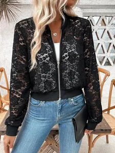 Detailed view of an elegant black jacquard lace sheer zip-up bomber jacket on a model.
