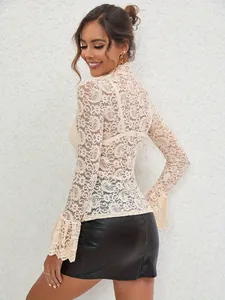 Elegant beige paisley lace long sleeve top featuring detailed bell sleeves and slim fit