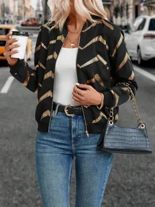 Stylish women's black bomber jacket featuring shiny gold zigzag patterns and zipper