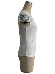 Side view of a white slim-fit lace patchwork T-shirt with scalloped V-neck