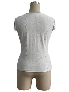 Back view of white slim fit T-shirt featuring lace patchwork and textured eyelet patterns.