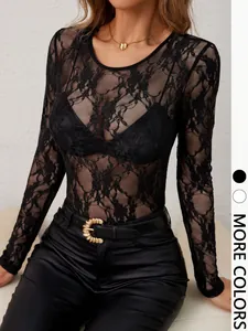Elegant Lace Long Sleeve T-Shirt For Women Slim Fit Round Neck Sheer Floral Nylon Elastane Patchwork Top