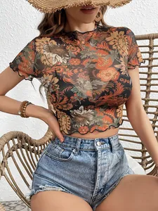 Women Retro Botanical Floral Printed Mesh T-Shirt Lettuce Edge Mock Neck Short Sleeve Slim Fit Cropped Top Casual Mesh Tee