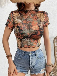 Bohemian floral sheer mesh short sleeve top with lettuce trim for women in summer