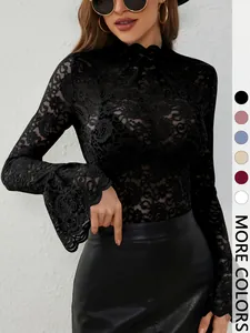 Women's Sexy Paisley Lace Slim Fit Mock Neck Flare Sleeve Top Long Sleeve See-Through Blouse For Party Clubwear