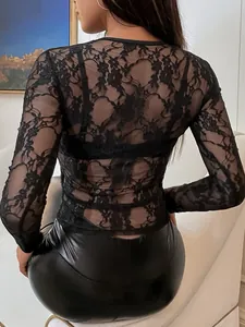 Women's elegant black sheer floral lace long sleeve top with slim fit round neck design