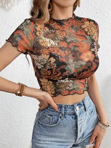 Floral print mesh short sleeve t-shirt with lettuce trim and retro flower pattern