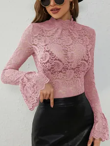 Elegant pink paisley lace slim fit top with stylish flare sleeves for modern women