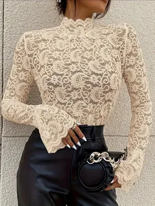 Elegant beige paisley lace slim-fit long sleeve top with stylish flared cuffs for women