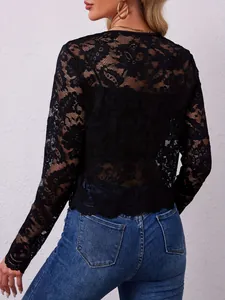 Rear view detail of elegant black floral lace sheer long sleeve cardigan for women