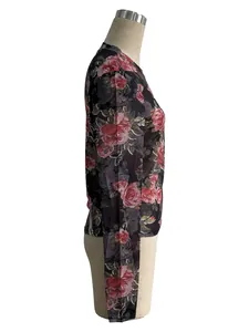 Side profile detail of elegant rose floral print mesh slim fit top for women fashion