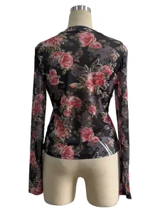 Back view of a slim mesh top featuring elegant pink rose floral print for women.
