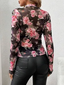Elegant rose print mesh slim fit top with stand collar and long sleeves for women.