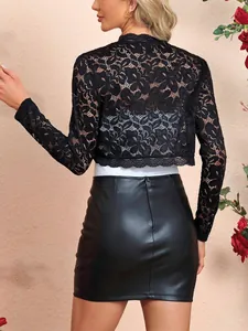 Detailed back view of an elegant black floral lace cropped cardigan jacket for women