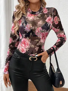 Elegant pink rose floral print mock neck mesh slim-fit long sleeve top for women