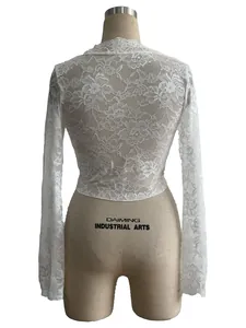 Detailed back view of a white elegant transparent floral lace flare long sleeve top for women