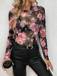 Elegant rose floral print mesh top for women with long sleeves and mock neck style