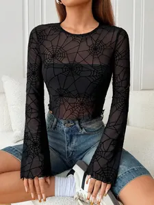 Elegantes schwarzes Damen-Netzoberteil mit Spinnennetzmuster und feinem Wellensaum