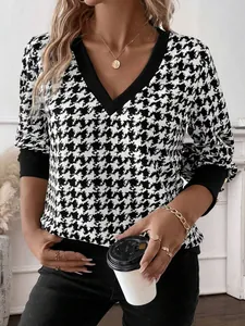 Elegante Top da Donna con Stampa Pied de Poule Scollo a V Manica Lunga Felpa in Poliestere Elastan Dettaglio Bottoni Maglietta Casual