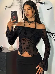 Elegant black floral mesh off-shoulder top with long flared sleeves for gothic style