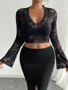 Close-up detail of an elegant black sheer lace V-neck top featuring stylish flare long sleeves