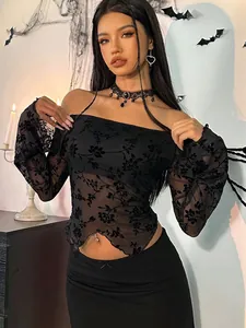 Elegant black floral mesh off-shoulder top with flared sleeves for women gothic style