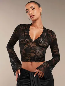 Elegant Sexy Transparent Floral Lace V-Neck Flare Long Sleeve Slim Fit Cropped Top For Women Party Banquet Fashion Top