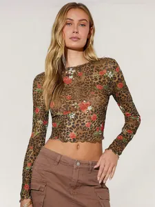 Detail of women's leopard floral print mesh long sleeve crop top with round neck