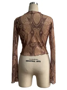 Vista posteriore del top trasparente in mesh da donna con stampa paisley e maniche.