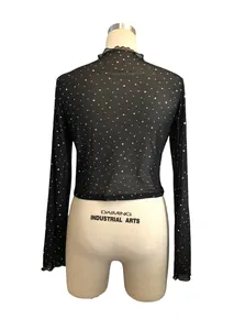Back view of a black mesh long sleeve top with colorful rhinestones on a mannequin