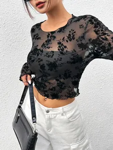 T-Shirt Sexy en Maille Transparente à Manches Longues pour Femmes Motif Floral Floqué Coupe Ajustée Col Rond Crop Top Y2K Noir Élégant