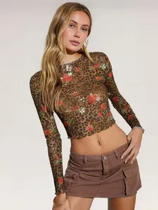 Leopard floral mesh crop top long sleeve shirt for women detail view