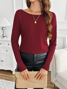 Close-up detail of a women's burgundy ribbed long sleeve T-shirt featuring a boat neck