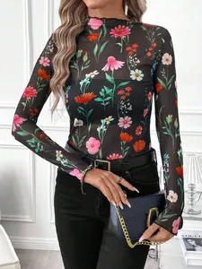 Top de malla floral sexy para mujer con manga larga y cuello con volantes