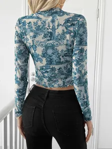 Women's blue mesh long sleeve crop top with vintage toile print back view