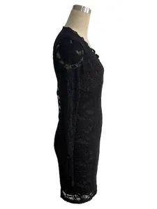 Detailed side view of a black V-neck lace slim-fit long-sleeved dress for parties
