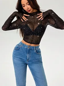 Elegant black long sleeve mesh sheer top with shimmering rhinestone sequins decoration